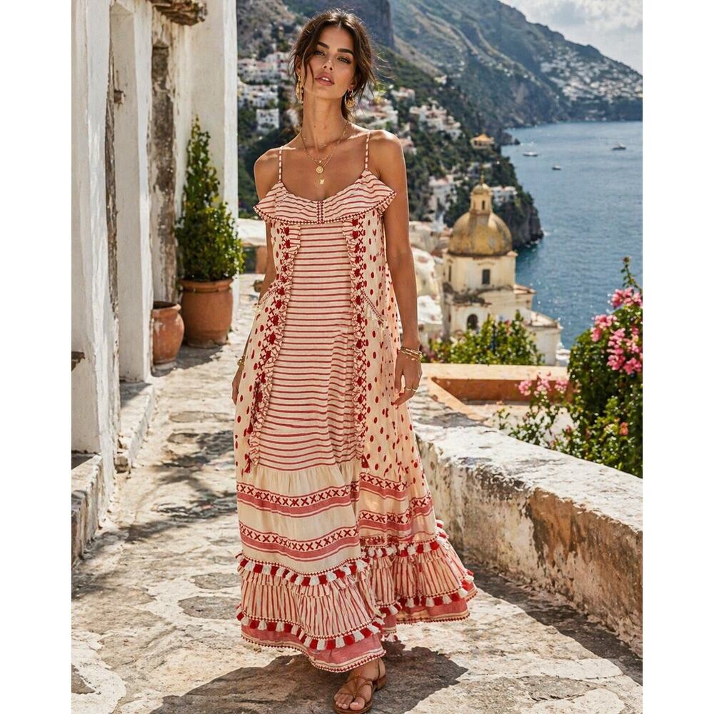 DODO BAR Tan & Red Stripe Polka Dot Ruffle Fringe Maxi Boho Resort Dress S - Picture 3 of 14